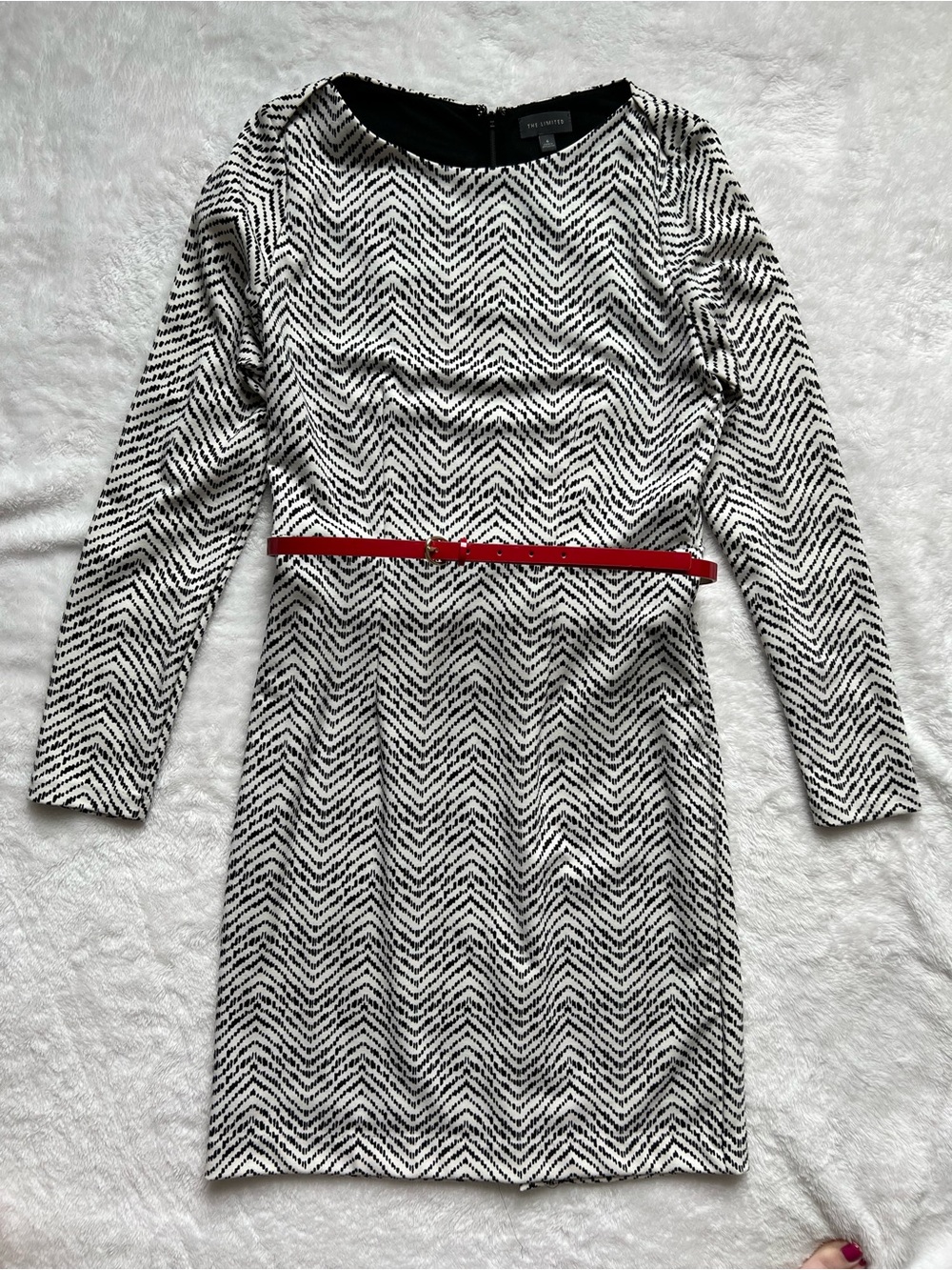 The Limited Black & White Long-Sleeve Dress with Red Belt